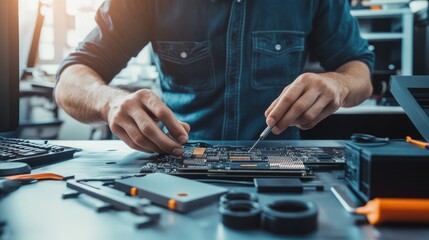Close up of technician's hands using tools to repair a computer motherboard, highlighting the precision and skill involved in electronics repair