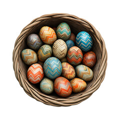 Fototapeta premium Colorful pastel Easter eggs arranged artfully in a wicker basket, multicolour hand-painted Easter eggs in a basket png image