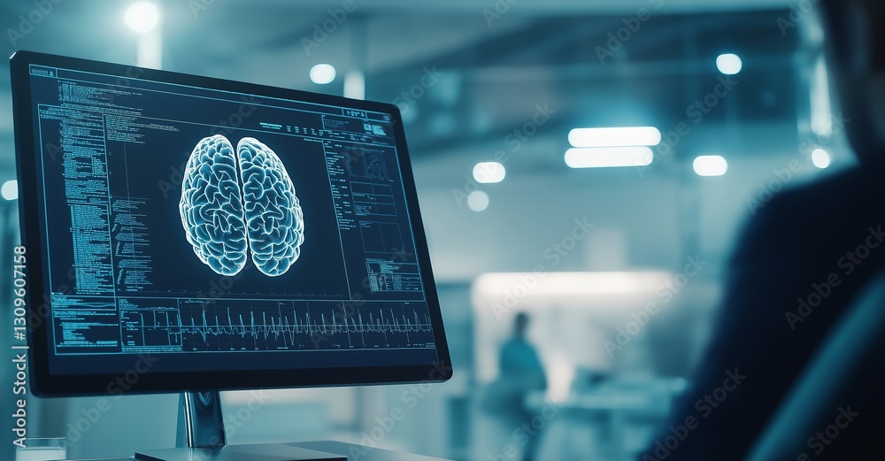 Poster futuristic computer screen displaying a rotating 3d model of a human brain, along with data analysis