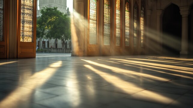 Sunbeams stream through open doors of a grand hall, illuminating a marble floor and stained-glass windows.  A glimpse of a building and greenery is visible outside.