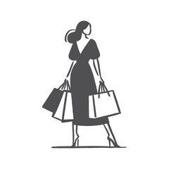 Stylish woman in a dress with shopping bags, vector line art