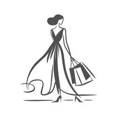 Stylish woman in a dress with shopping bags, vector line art