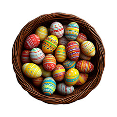 Fototapeta premium Colorful Easter eggs arranged in a wicker basket for a festive spring celebration, multicolored Easter eggs wicker basket png image