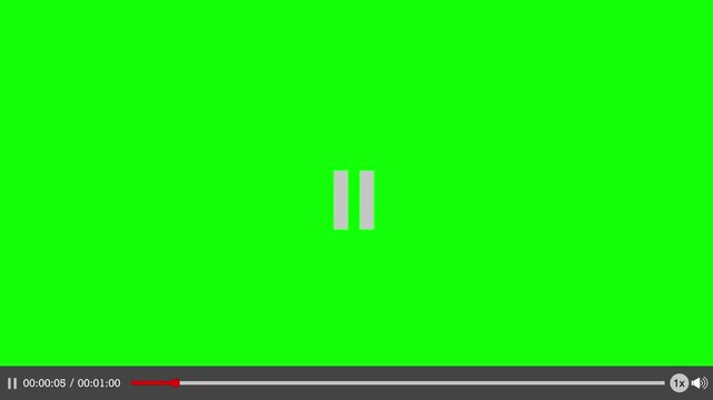 Video player with green screen background. Media player video playback interface. Time code running on multimedia player loading bar. 1 minute video player animation