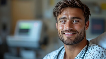 Fototapeta premium A male patient with a beard is lying in a hospital bed, looking at a smiling female doctor who is taking his pulse.
