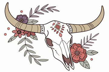 Boho Buffalo Skull with Floral and Tribal Decor – Western Aesthetic line art design isolated on white background.