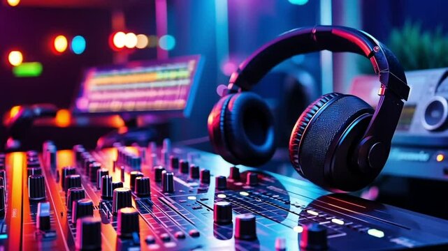 Colorful DJ setup with headphones and mixing console at night