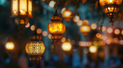 Illuminated lanterns create warm, inviting atmosphere,on Ramadan,Hari Raya Aidilfitri,Eid-Ul-Fitr