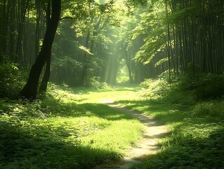 Obraz premium Sunlight path through green forest woods