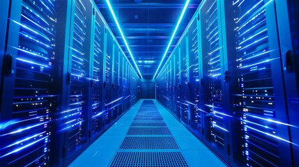 Obraz premium Futuristic supercomputer with glowing blue lights in a high-tech minimalist environment, showcasing advanced technology and innovation with ample copy space for design.