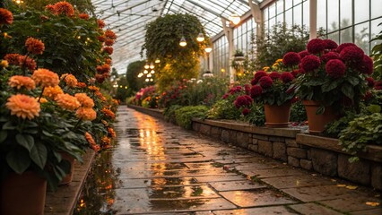 Obraz premium Vibrant Greenhouse Pathway with Lush Flora: flowers in greenhouse