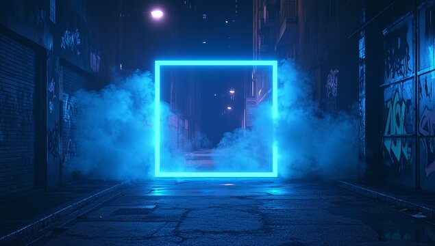 Neon glow illuminates a mysterious, smoky urban alleyway at night. A vibrant blue square frame adds a futuristic touch to the scene.