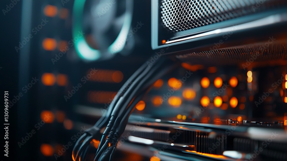 Poster close-up view of a computer hardware setup showcasing illuminated components and cables
