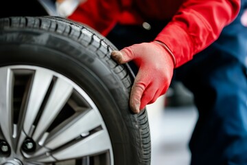 Close up of mechanic's gloved hands aligning wheel rim during vehicle maintenance in a professional auto repair shop