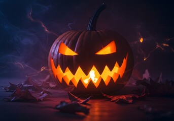Fototapeta premium Spooky Halloween Jack-o'-lantern in Smoky Night Setting