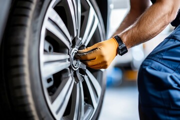 Close up of mechanic's gloved hands aligning wheel rim during vehicle maintenance in a professional auto repair shop
