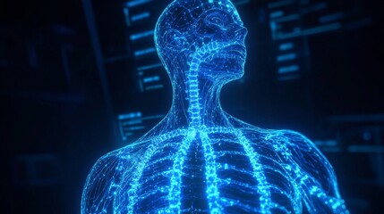 Revealing the glowing nervous system a closeup neon blue scan in a high-tech lab environment