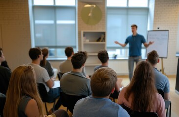 Fototapeta premium Engaging Group Workshop with Speaker Presenting in Modern Office