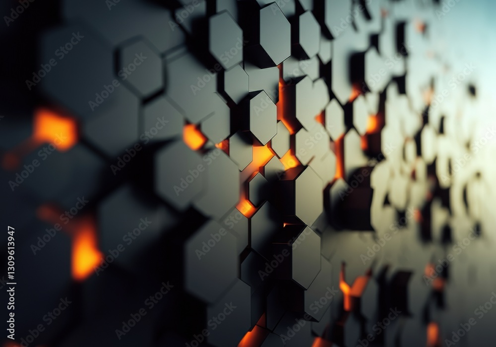 Poster abstract hexagonal pattern with glowing orange accents on a dark background