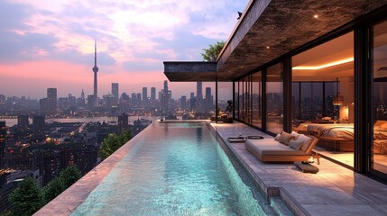A breathtaking luxury pool overlooking a vibrant city skyline at sunset. The scene features modern architecture and a tranquil atmosphere.