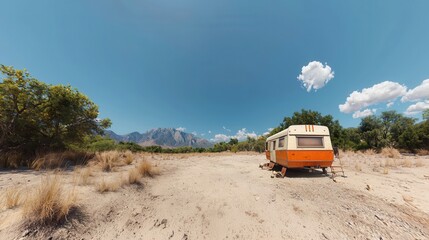 Vintage Camper Trailer in Desert Landscape with Mountains and Clouds
