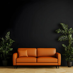 Fototapeta premium Orange Sofa in Dark Room 3D Illustration