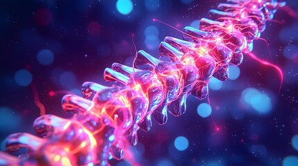 Close up view of the glowing interconnected nerves branching out from the spinal cord in a futuristic digital anatomical visualization