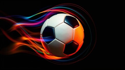 Naklejka premium Fußball fliegt vor schwarzem Hintergrund durchs Bild, umgeben von dynamischen Lichtbändern