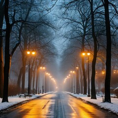 Soft lamplight diffusing through fog on a quiet city street. Generated AI