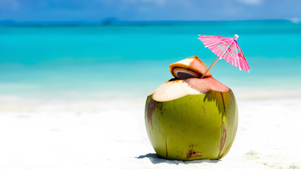 A tropical coconut drink served in a fresh coconut shell, with a tiny umbrella and a straw
