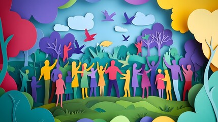 Colorful and Whimsical Paper Cut Depicting a Diverse Community Gathering Together in a Lush Imaginative Park Setting