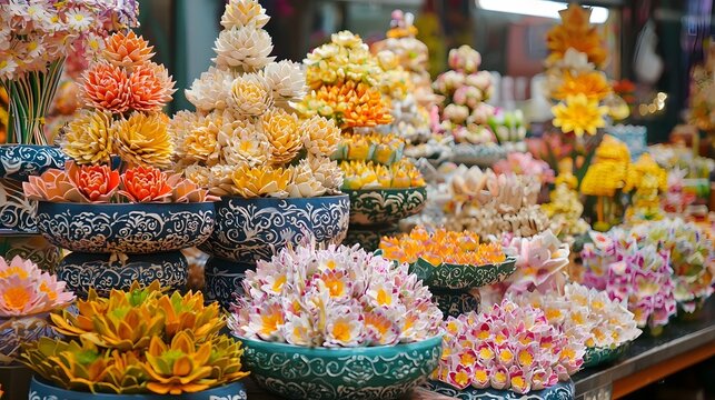 Colorful layered paper cut design showcasing the vibrant and ornate displays of the Thai markets selling floral water bowls and traditional Songkran festival This image captures the rich cultural