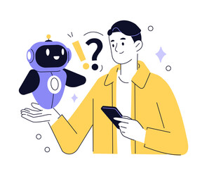 AI technology concept. Character using artificial intelligence assistant tool, chatbot for daily tasks, searching, answering questions. Vector illustration.