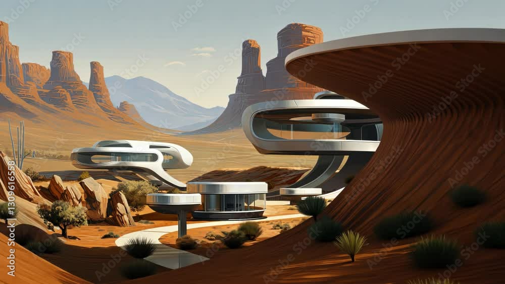 Poster retro futuristic architecture in sci-fi scene on the desert planet. alien landscape with nostalgic r