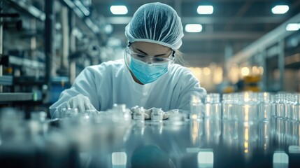 A lab worker examines vials on a production line carefully