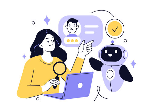 Hiring set. Character and intelligence robot  working together. Business recruitment process, job searching, employee evaluation concept. Vector illustration.