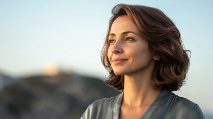 Woman enjoying a serene moment by the ocean at sunset under clear skies