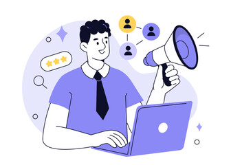 Hiring and recruitment process. Character holding megaphone and looking for new employee. Job searching, interview, human resources concept. Vector illustration.
