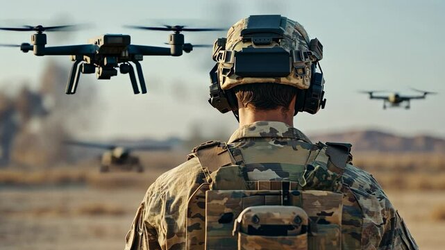 Soldier in camouflage observes and manages drones amidst military activity in a desert area, showcasing advanced technology used in modern warfare and field operations