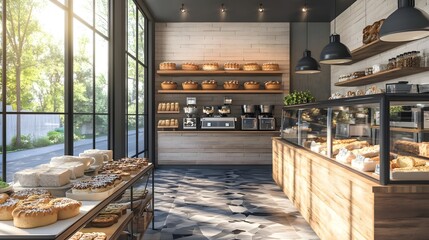 Cozy bakery interior with fresh pastries displayed, sunlight streaming through large windows, outdoor greenery