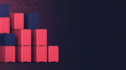 Fototapeta premium A modern graphic featuring stacked shipping containers in red and blue against a dark background, symbolizing logistics and trade.