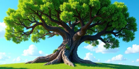 Majestic ancient tree with sprawling branches, vibrant green leaves, and massive roots, standing tall on a verdant hill under a bright blue sky with fluffy clouds