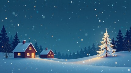Naklejka premium A Serene Winter Night Scene with Illuminated Cabins and a Festive Evergreen Tree Under a Falling Snow