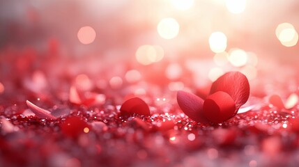Red Rose Petals Scattered on Glittering Surface