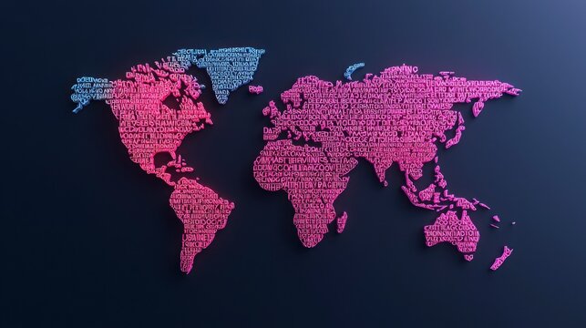 A colorful world map composed of text, showcasing a blend of blue and pink letters against a dark background, symbolizing global connectivity and information.