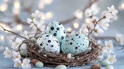 Fototapeta premium Delicate pastel Easter eggs rest in a cozy bird's nest, adorned with willow branches, set against a calming grey backdrop