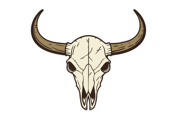 Fototapeta premium Boho Western Buffalo Skull with Feathers, Bull Skull Longhorn colorful line art design isolated on white background.