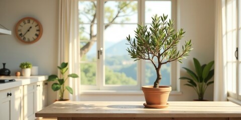 Fototapeta premium Serene Kitchen Interior with Sunlight Illuminating a Small Potted Plant on a Wooden Table