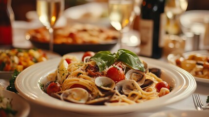 Authentic italian cuisine display featuring traditional pasta dishes, fresh ingredients, and rustic mediterranean flavors with parmesan cheese, basil, and olive oil for a delicious culinary experience