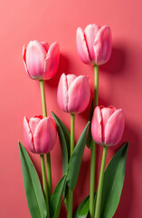 Obraz premium 3D tulips, pattern of red tulips, place for text, flowers background